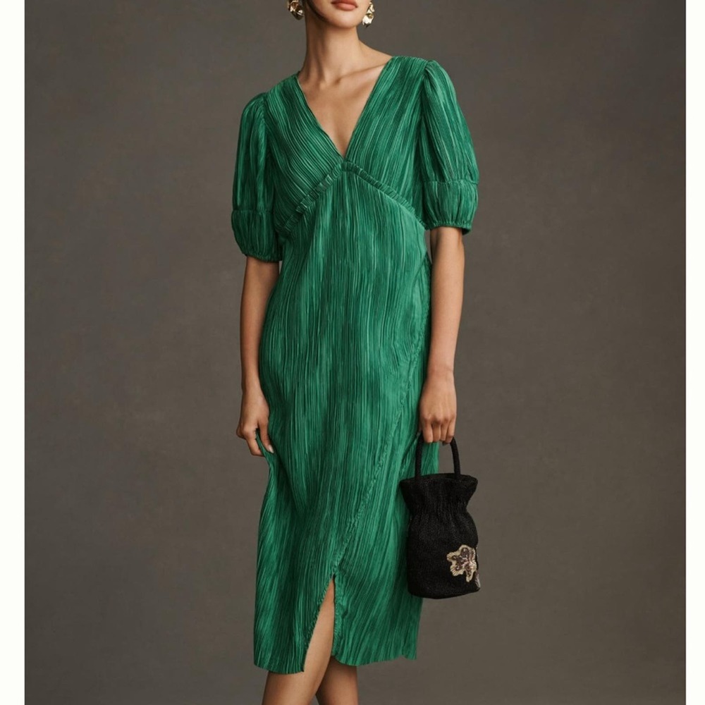 By Anthropologie V-Neck Pleated Slim Midi Dress
